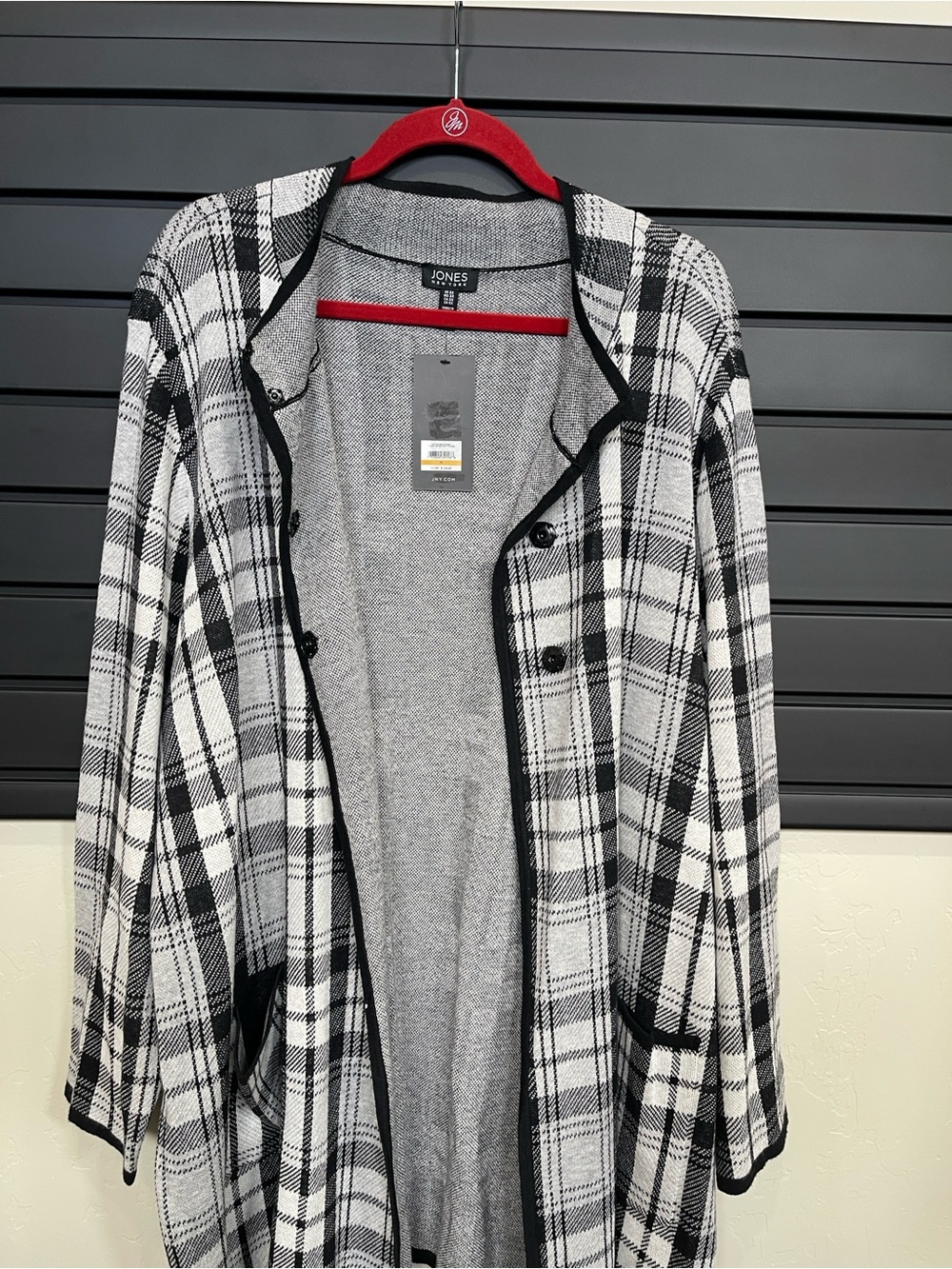Jones New York Black and White Plaid Open-Front Blazer